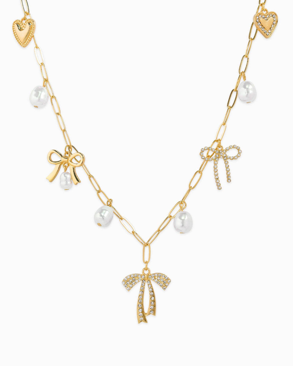 Multi Pearl Bow Charm Necklace: Gold