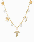 Multi Pearl Bow Charm Necklace: Gold
