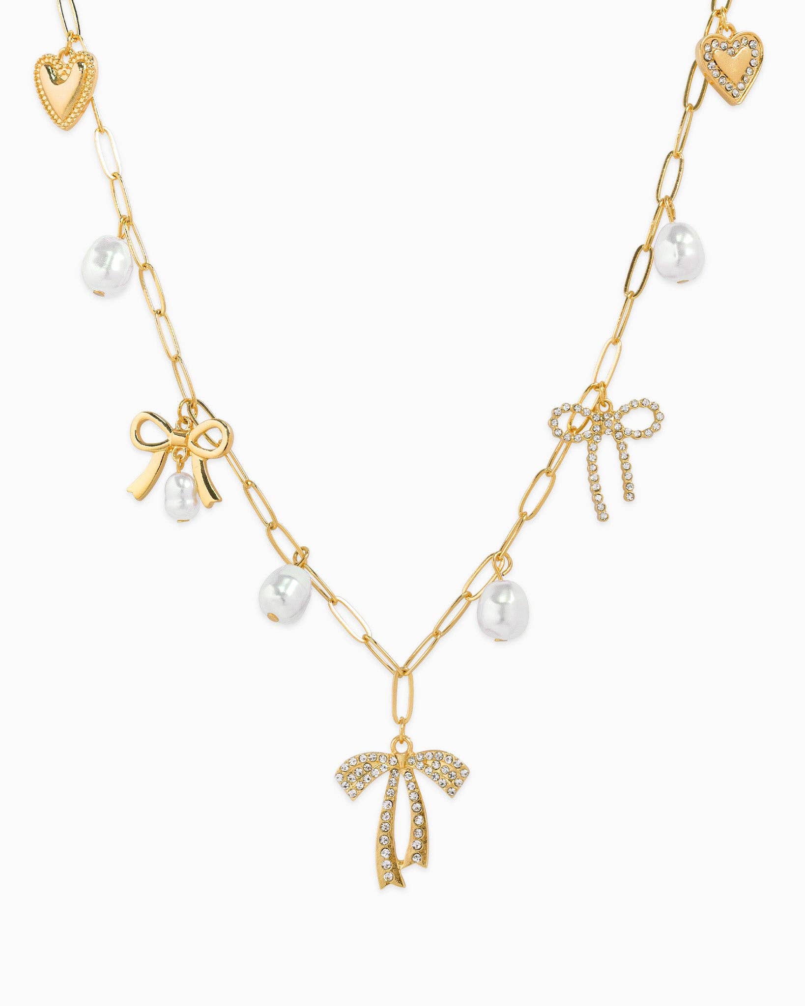 Multi Pearl Bow Charm Necklace: Gold