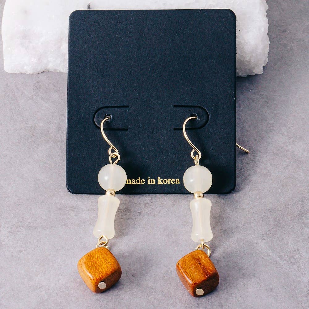 Glass And Wood Beads Dangle Earrings: MULTI