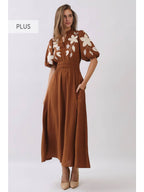 CHESTNUT EMBROIDERED MIDI DRESS W/PUFF SLEEVE,SMOCKED YOKE