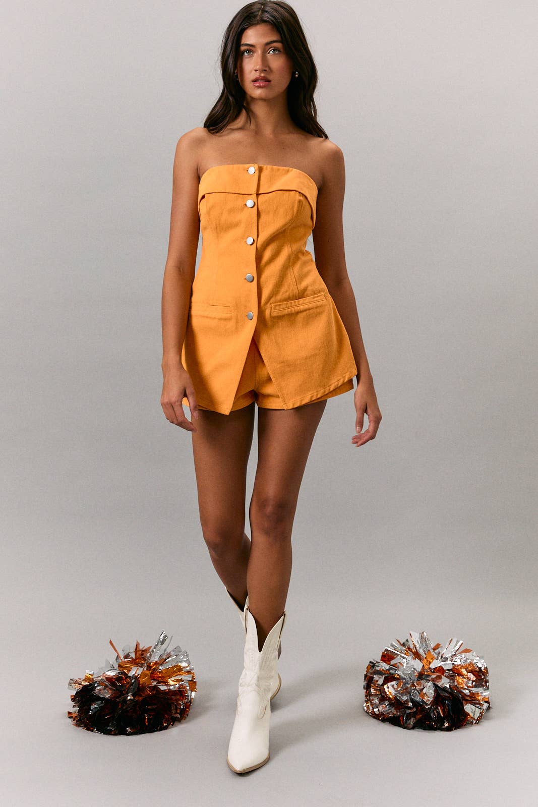 STRAPLESS WITH TWILL ROMPER: Orange