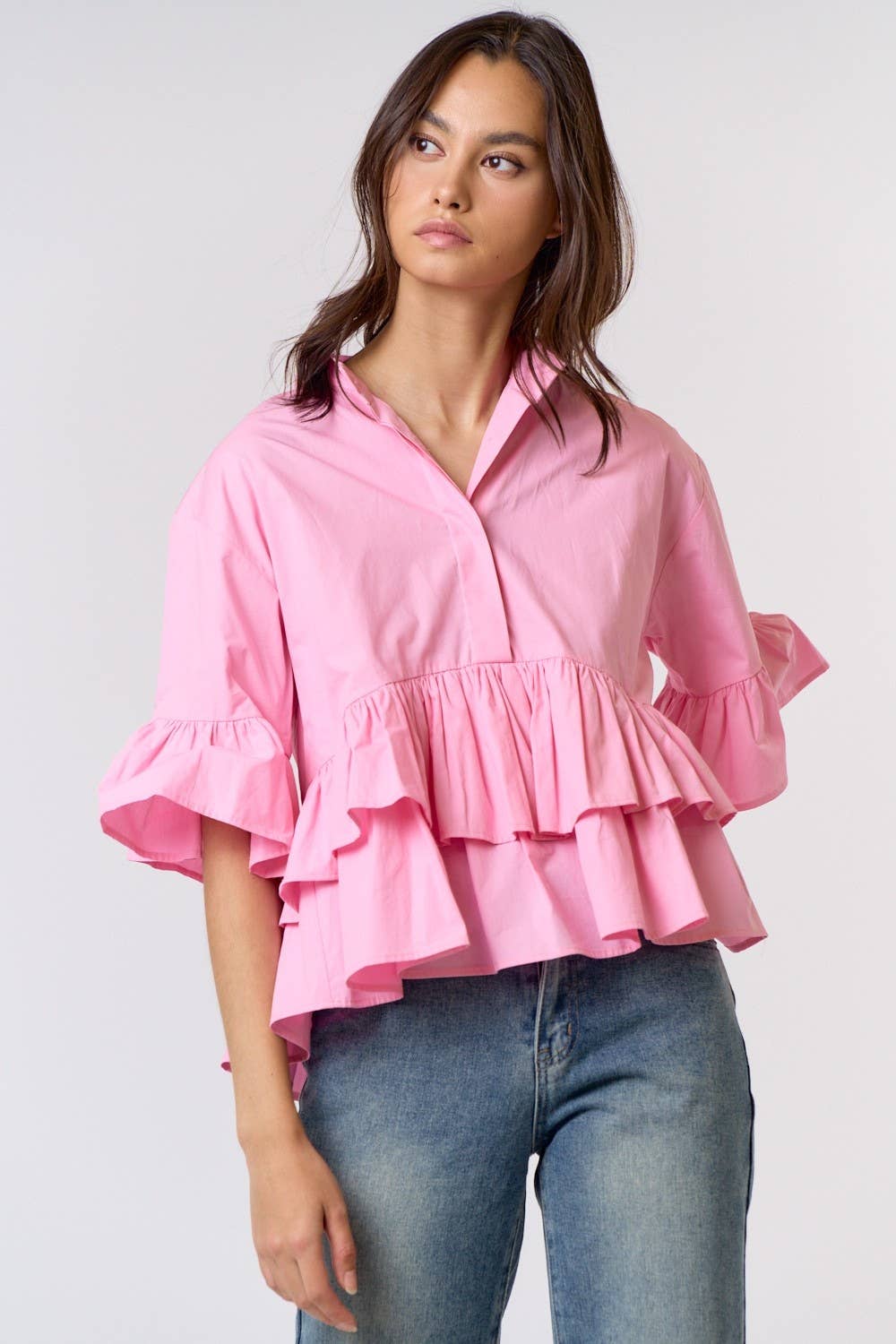 Pale Pink Ruffle Detailed Button Up Shirt