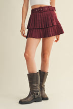 SUEDE PLEATED TIERED MINI SKIRT: CAMEL