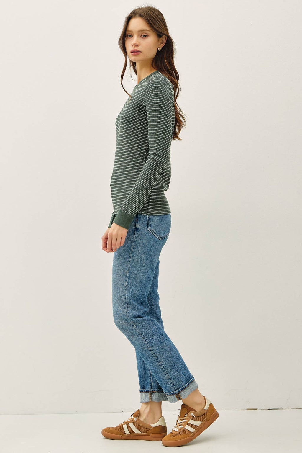 STITCHED THERMAL CREW NECK TOP: OATMEAL