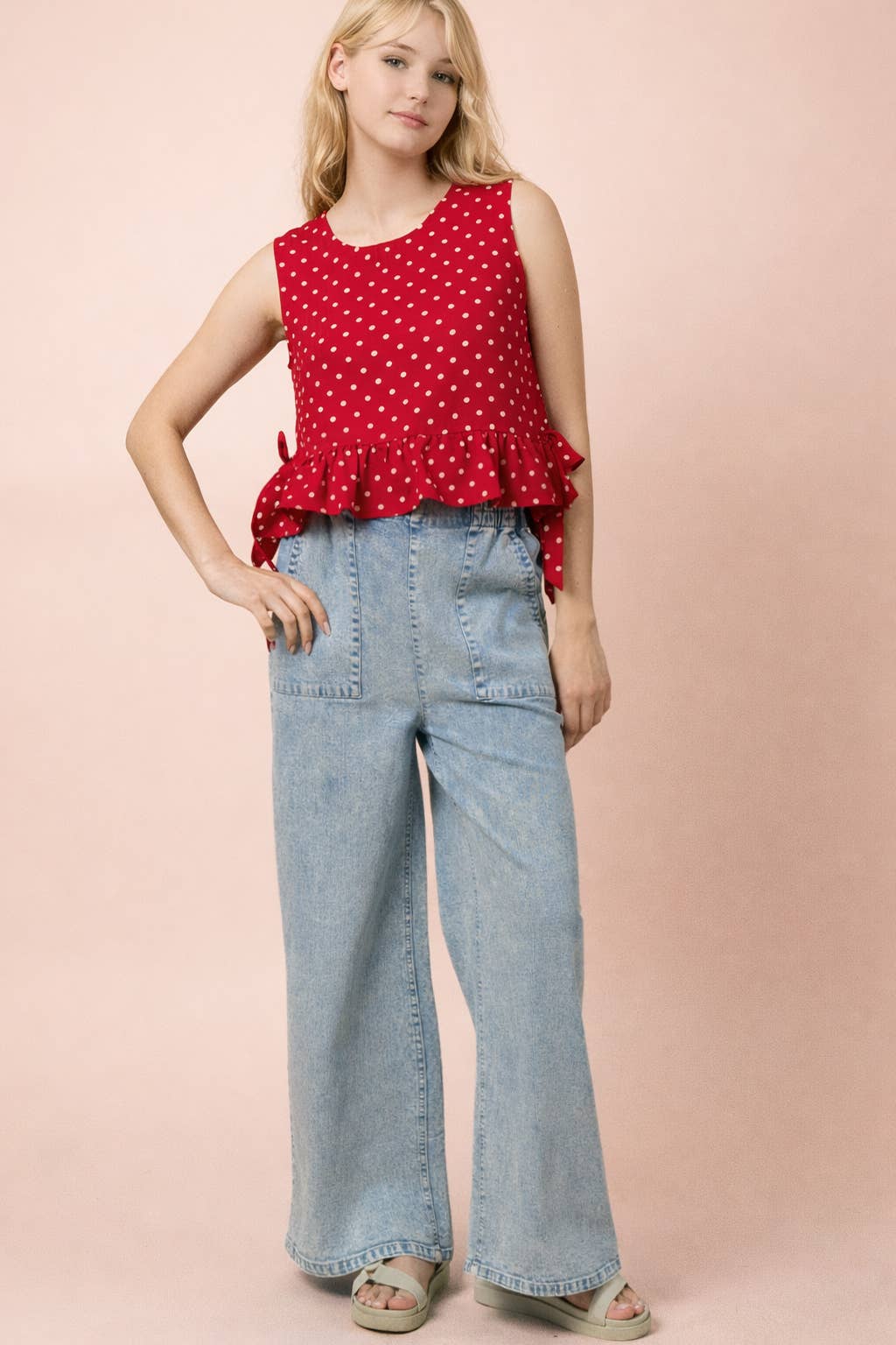 RED DOT-Side Tie Detail Ruffled Top
