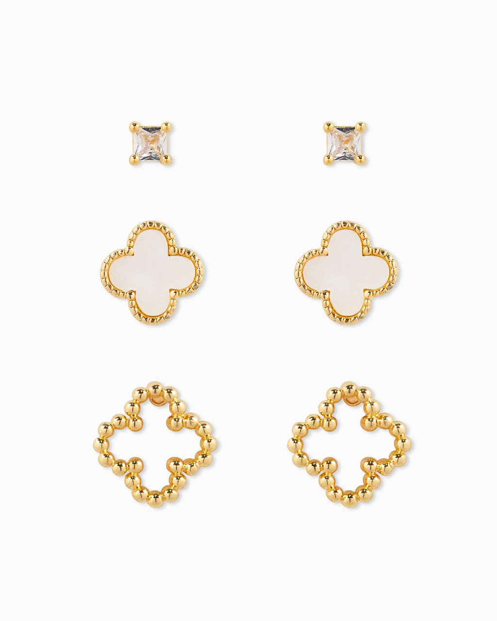 MOP Clover and CZ Stud Earring Set of 3: White