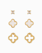 MOP Clover and CZ Stud Earring Set of 3: White
