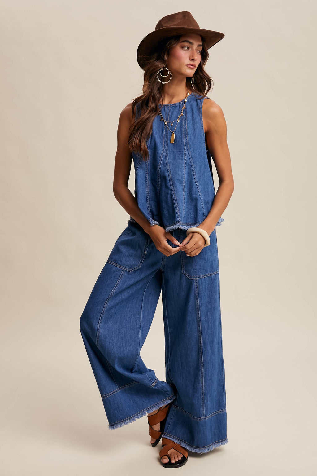 Blue Haze Washed Denim Tank & Wide-Leg Pants Set