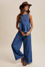 Blue Haze Washed Denim Tank & Wide-Leg Pants Set