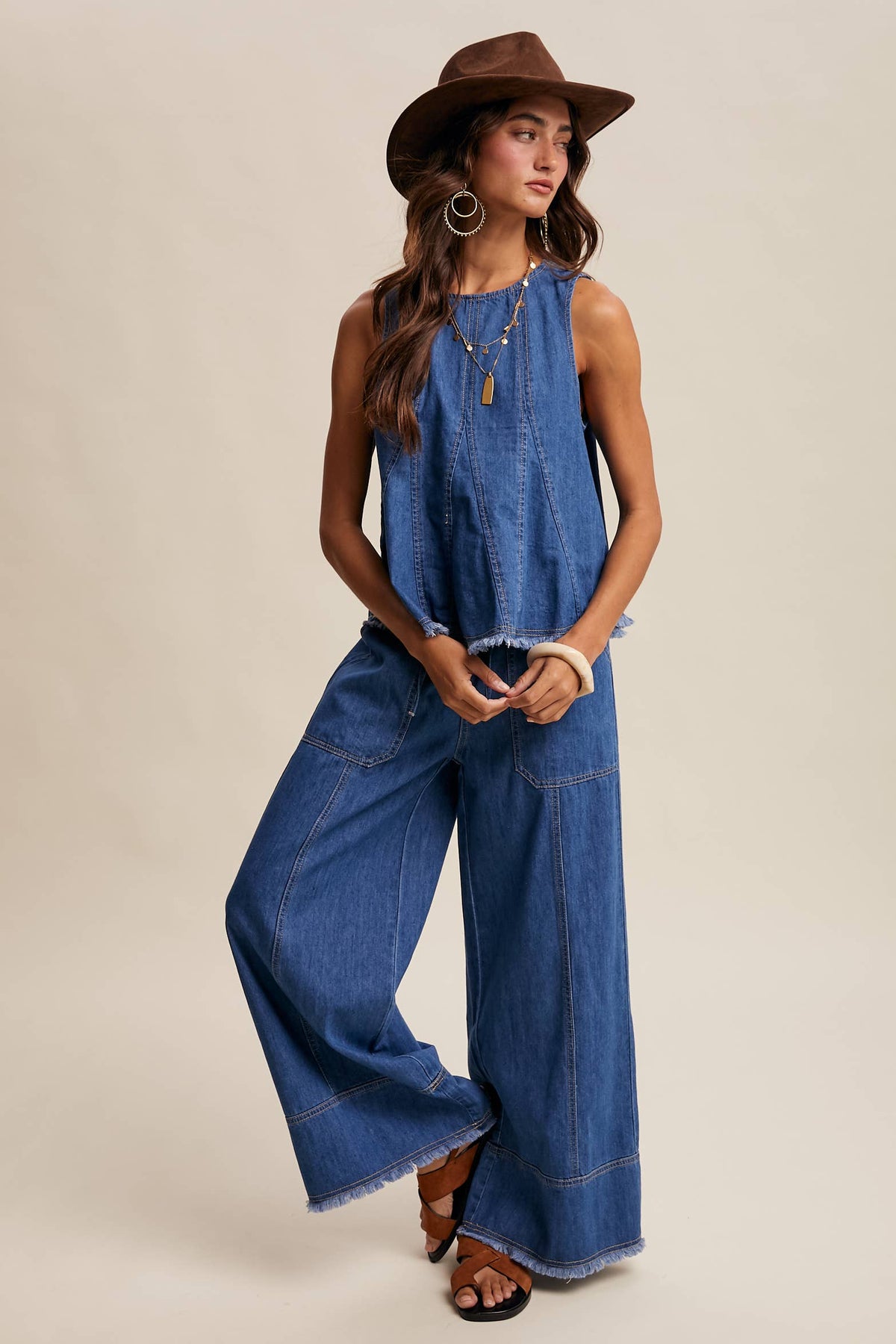 Blue Haze Washed Denim Tank & Wide-Leg Pants Set