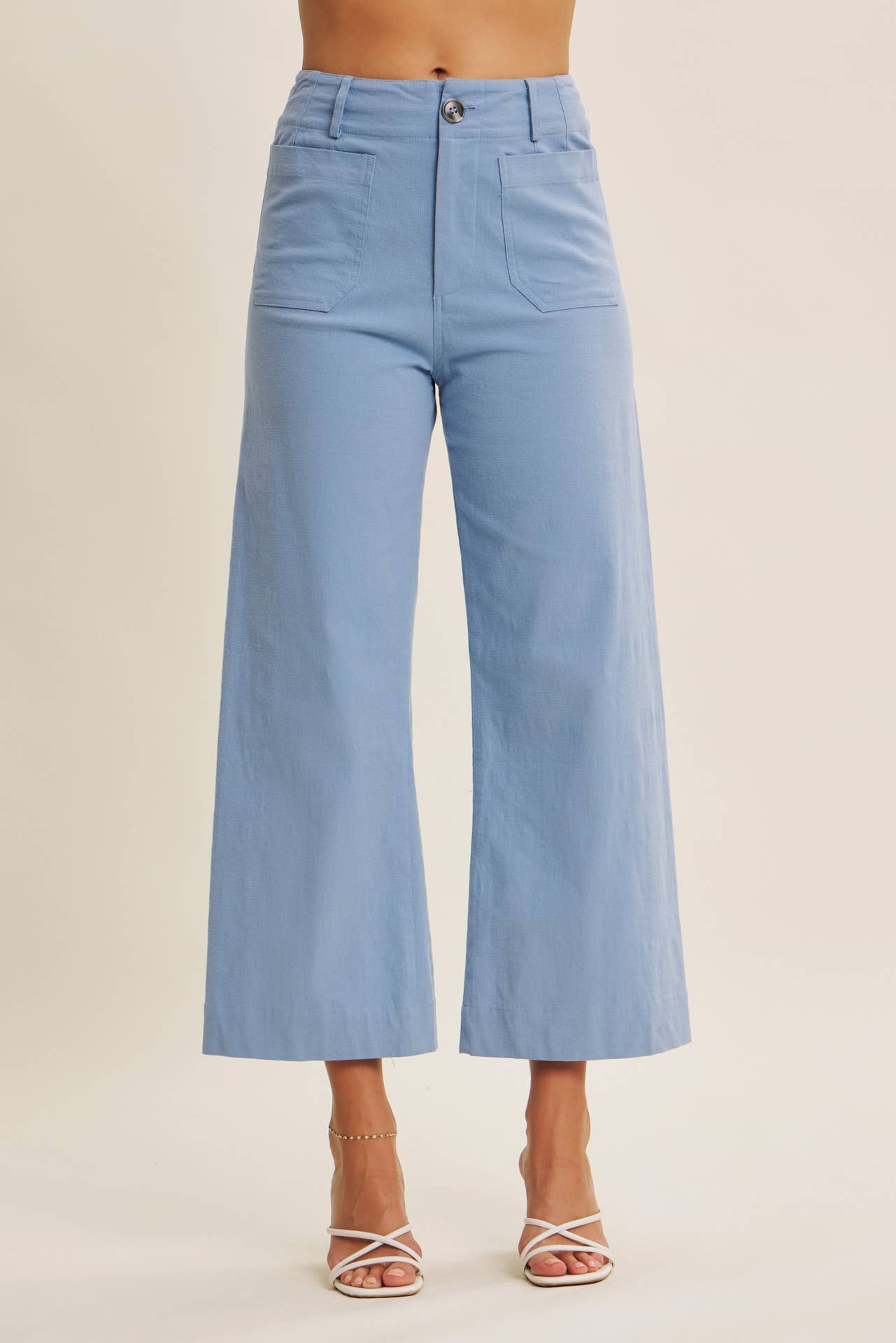 SEASONLESS STRETCHY COTTON LINEN ANKLE PANTS WITH POCKETS: BLUE