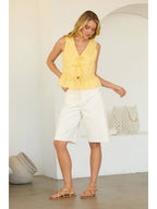 Yellow/White Sleeveless Stripe Tie-Front Peplum Top