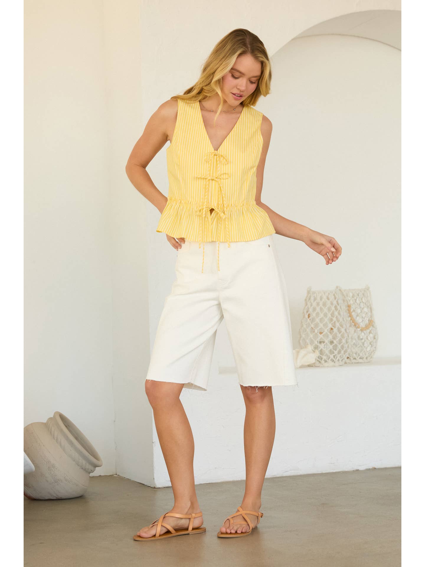 Yellow/White Sleeveless Stripe Tie-Front Peplum Top