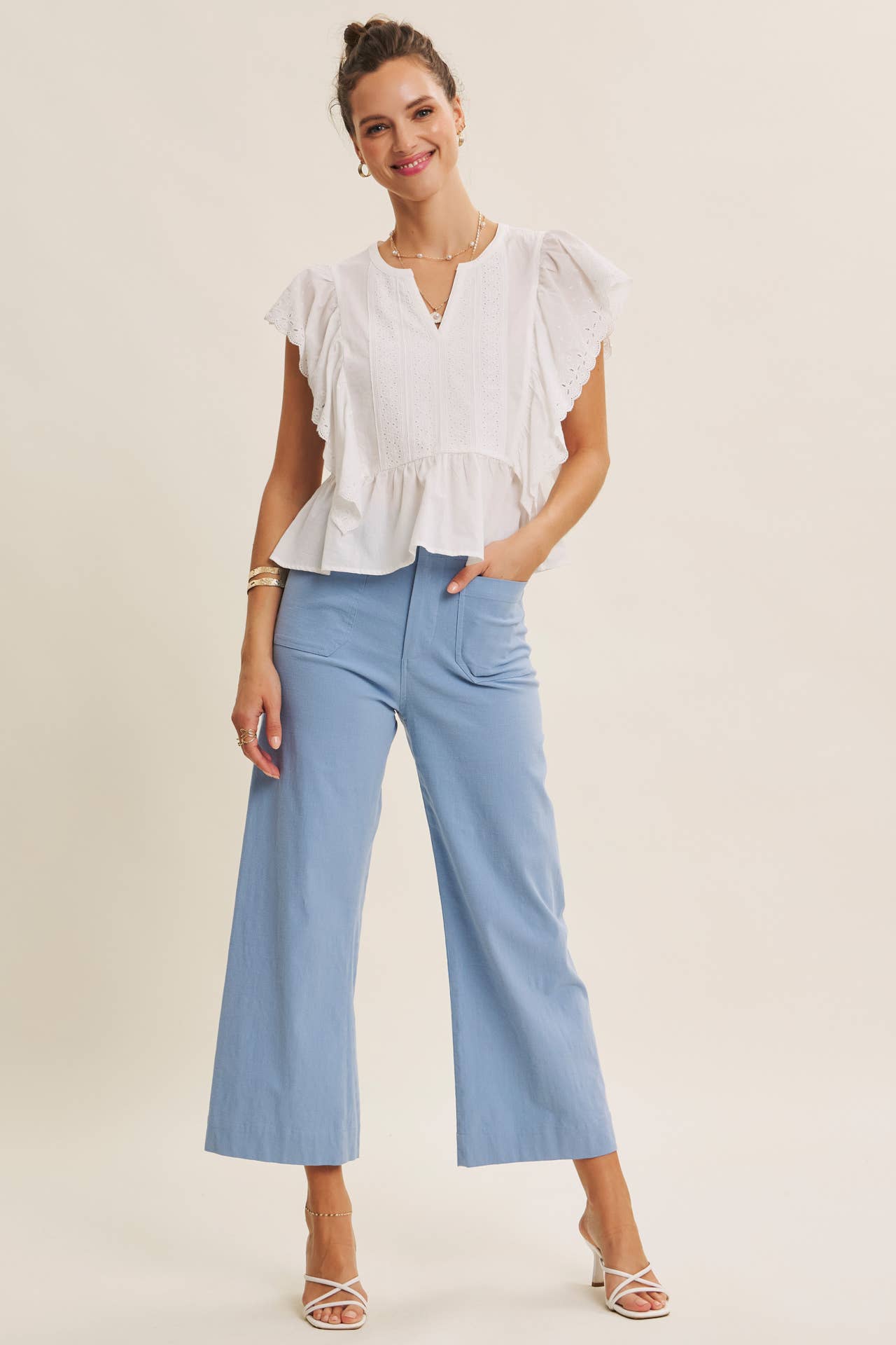 SEASONLESS STRETCHY COTTON LINEN ANKLE PANTS WITH POCKETS: BLUE