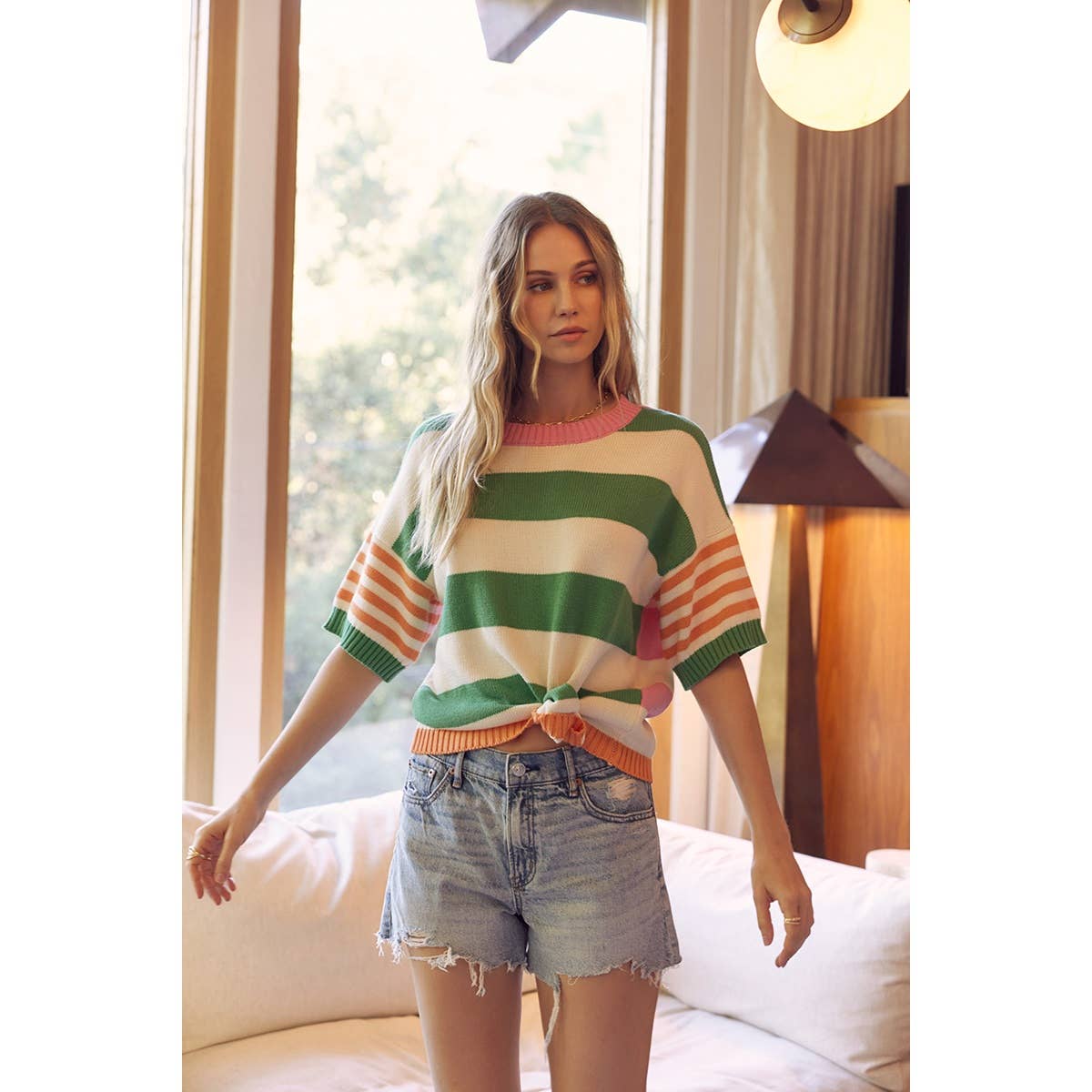 PLAYFUL SUMMER MULTI STRIPE COTTON SWEATER TOP: GREEN/ORANGE