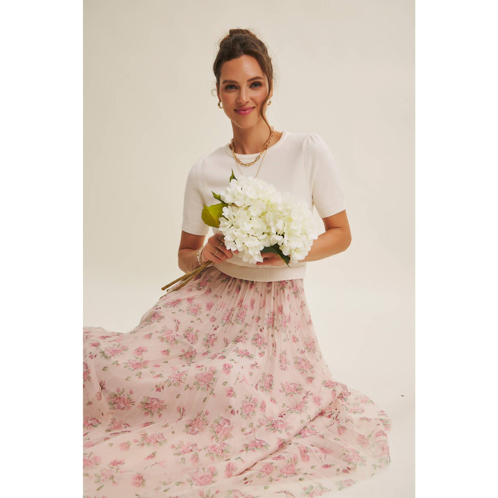 FIELD OF PLEATED WILDFLOWERS SWEATER TWOFER MIDI DRESS: PINK/LILAC