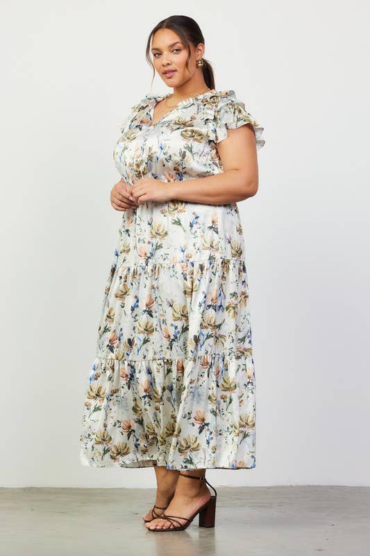 CREAM Floral Print Ruffled Short Sleeve Long Dress