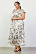 CREAM Floral Print Ruffled Short Sleeve Long Dress