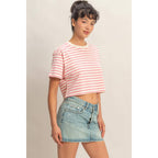 PINK Striped Oversized Short Sleeve Cropped Tee: