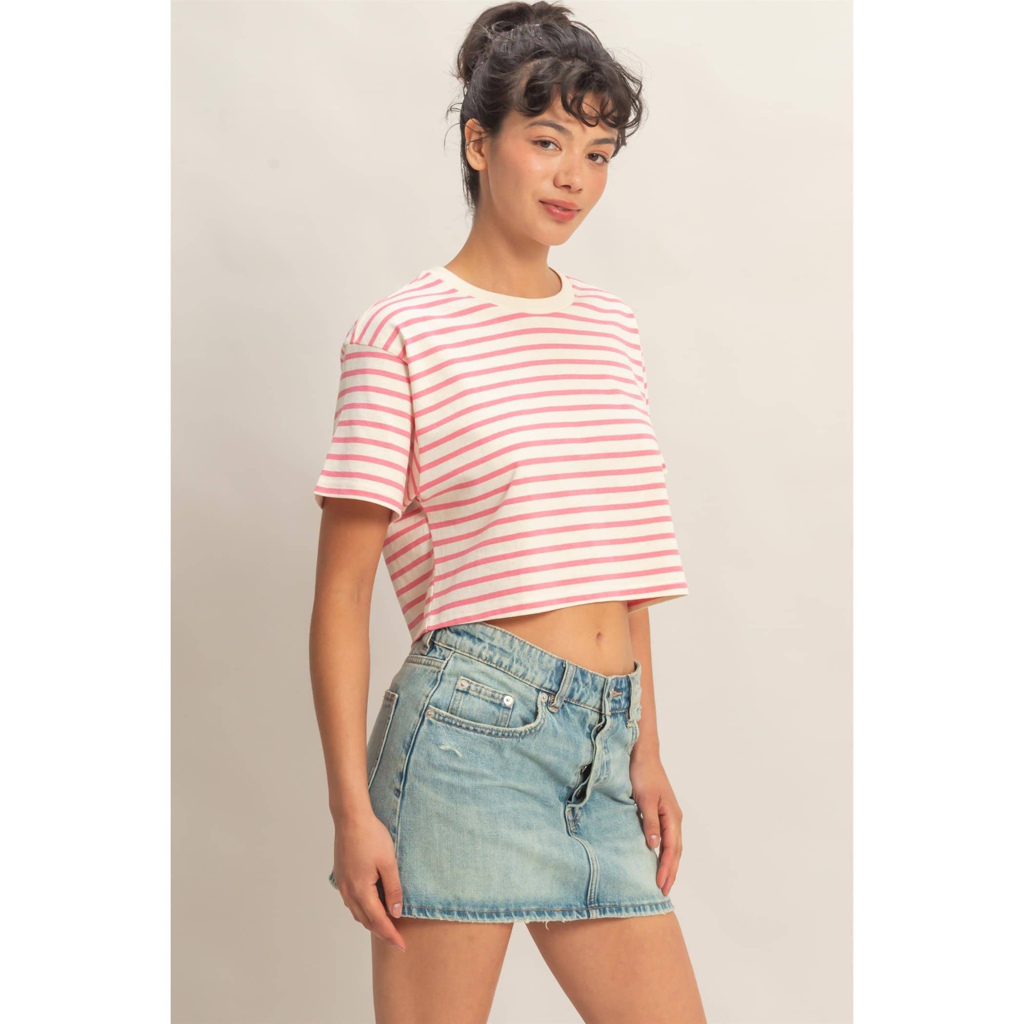 PINK Striped Oversized Short Sleeve Cropped Tee: