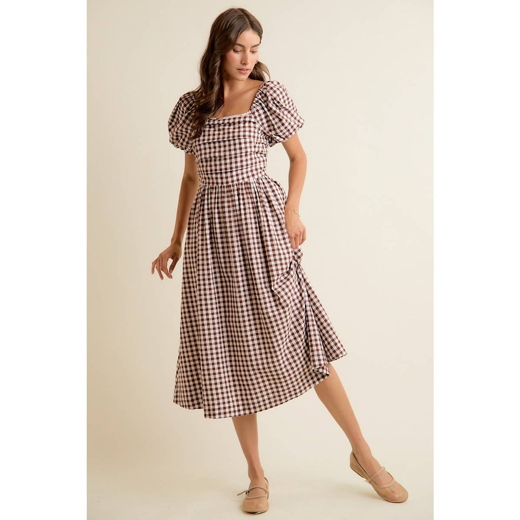 Brown GINGHAM LACE TRIM PUFF SLEEVES LINED MIDI DRESS