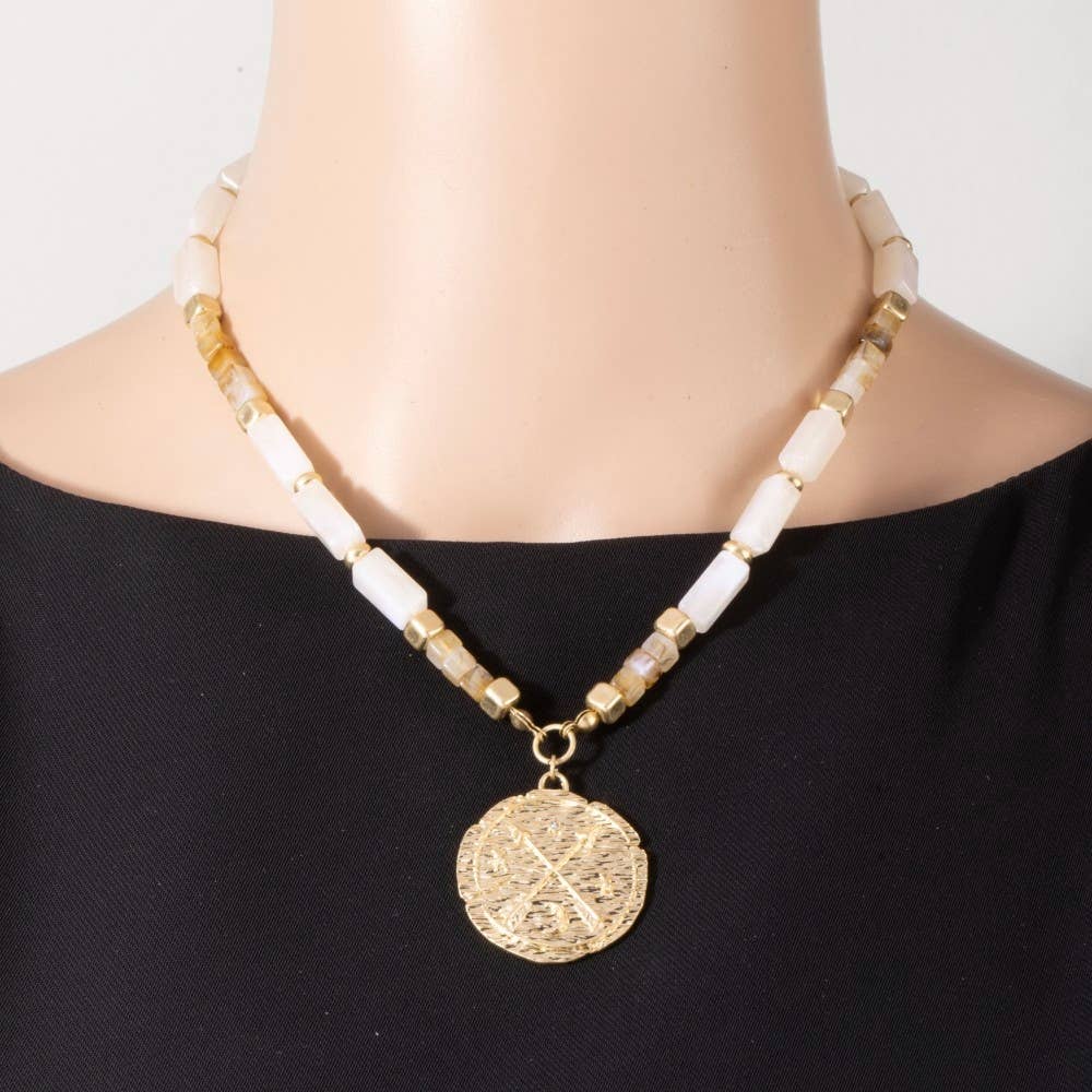 White Gold Ivory Arrow Coin Pendant Rectangle Acrylic Beaded Necklace