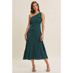 BURGUNDY HOLIDAY GLAM ONE-SHOULDER MIDI DRESS WITH SLANTED SEAMWORK