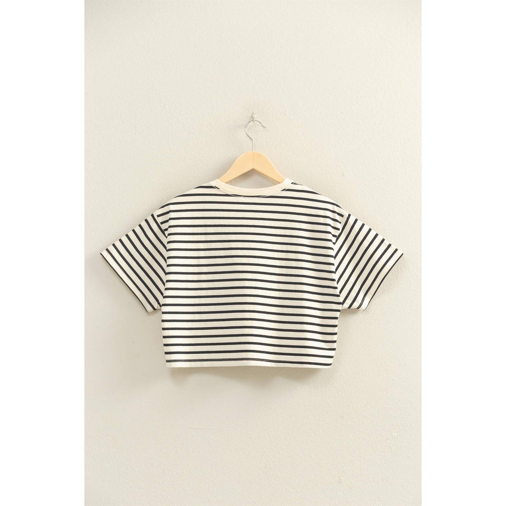 BLACK Striped Oversized Short Sleeve Cropped Tee
