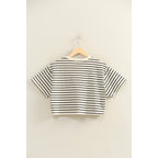 BLACK Striped Oversized Short Sleeve Cropped Tee