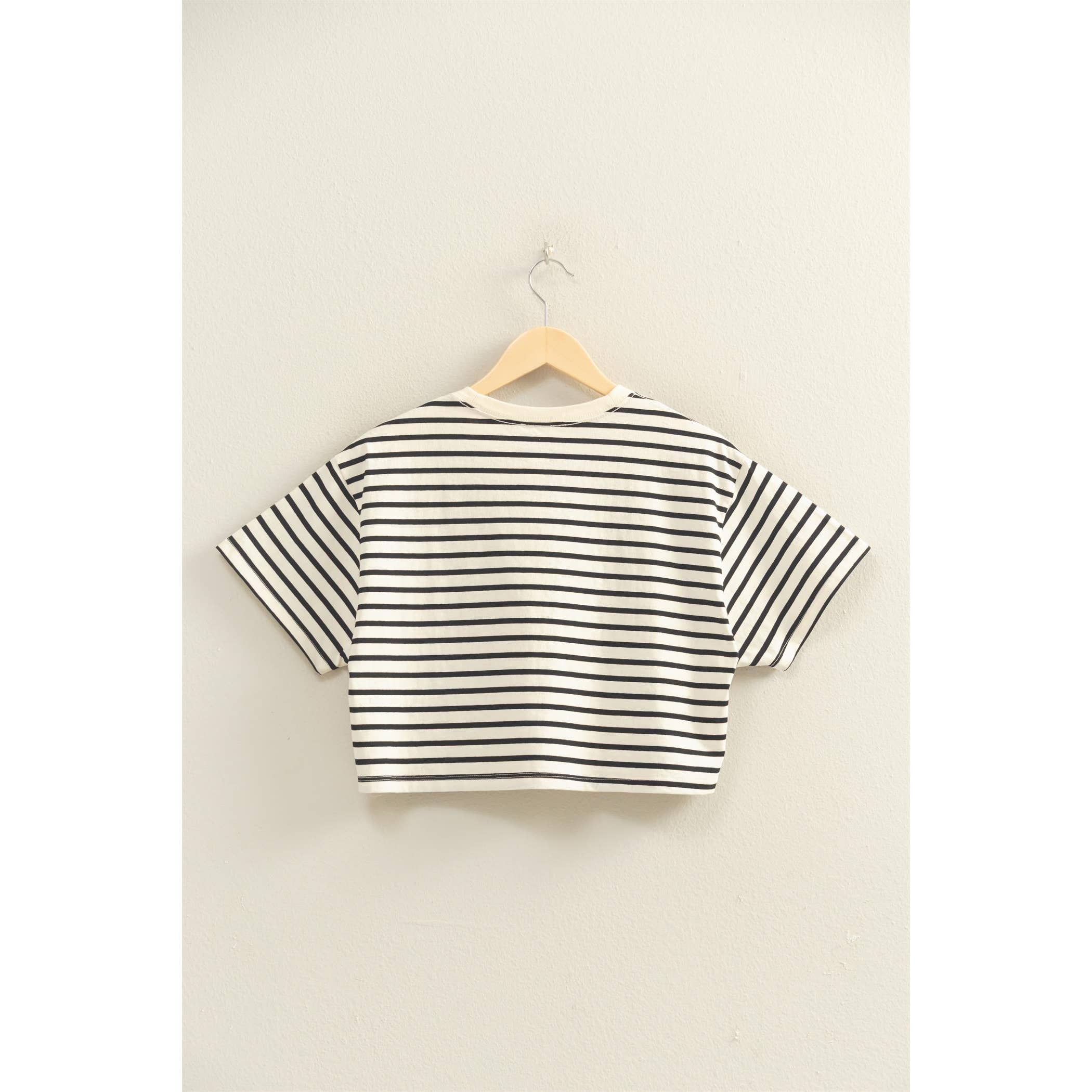 BLACK Striped Oversized Short Sleeve Cropped Tee