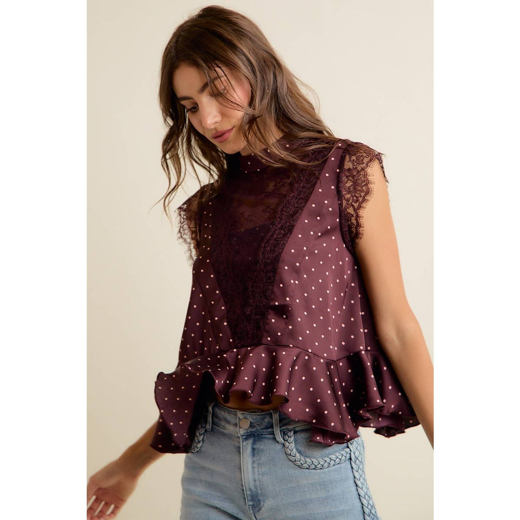 WINE POLKA DOT SATIN LACE TRIM RUFFLED HIGH NECK BLOUSE TOP