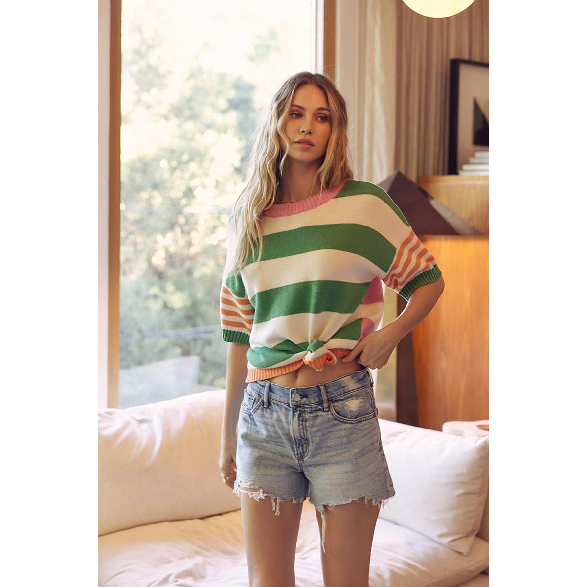 PLAYFUL SUMMER MULTI STRIPE COTTON SWEATER TOP: GREEN/ORANGE