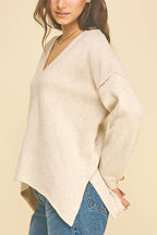 OATMEAL V-NECK EXPOSED SEAM SWEATER