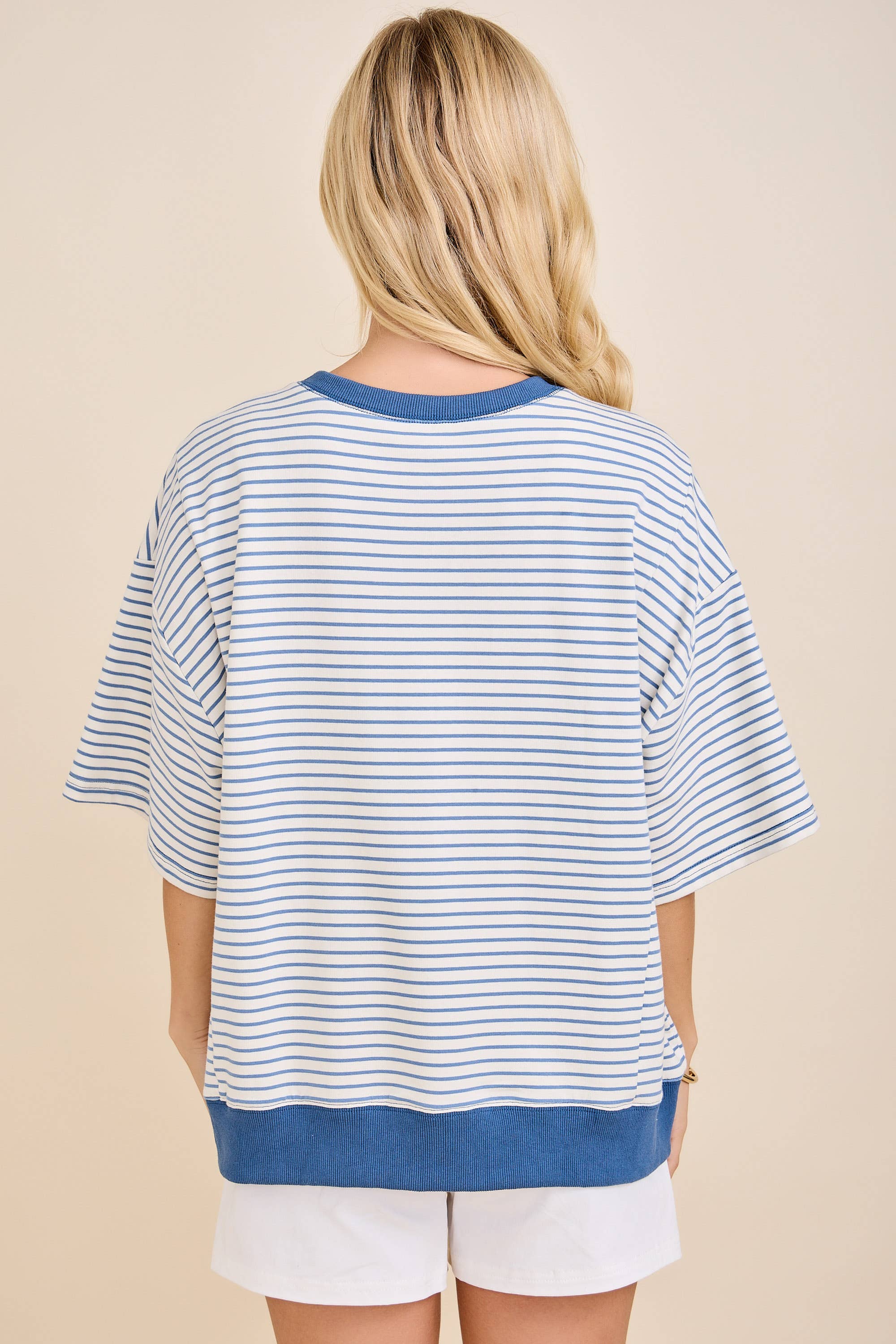 USA Rope Embroidery Striped Top: WHITE/BLUE