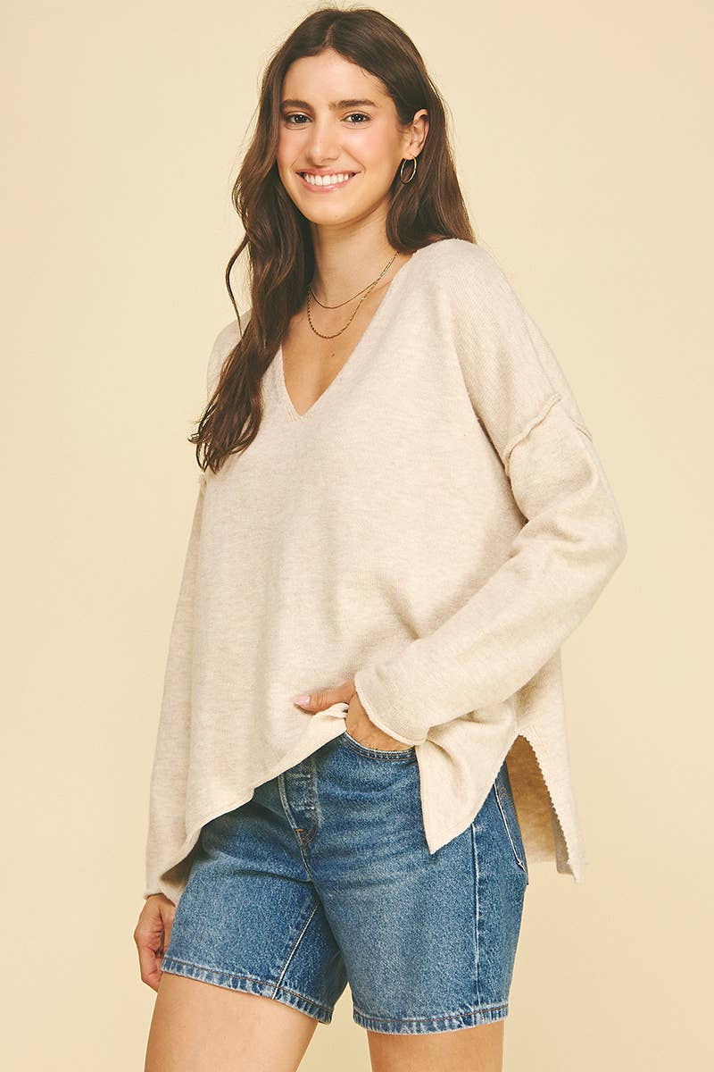 OATMEAL V-NECK EXPOSED SEAM SWEATER