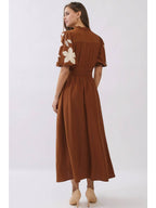 CHESTNUT EMBROIDERED MIDI DRESS W/PUFF SLEEVE,SMOCKED YOKE