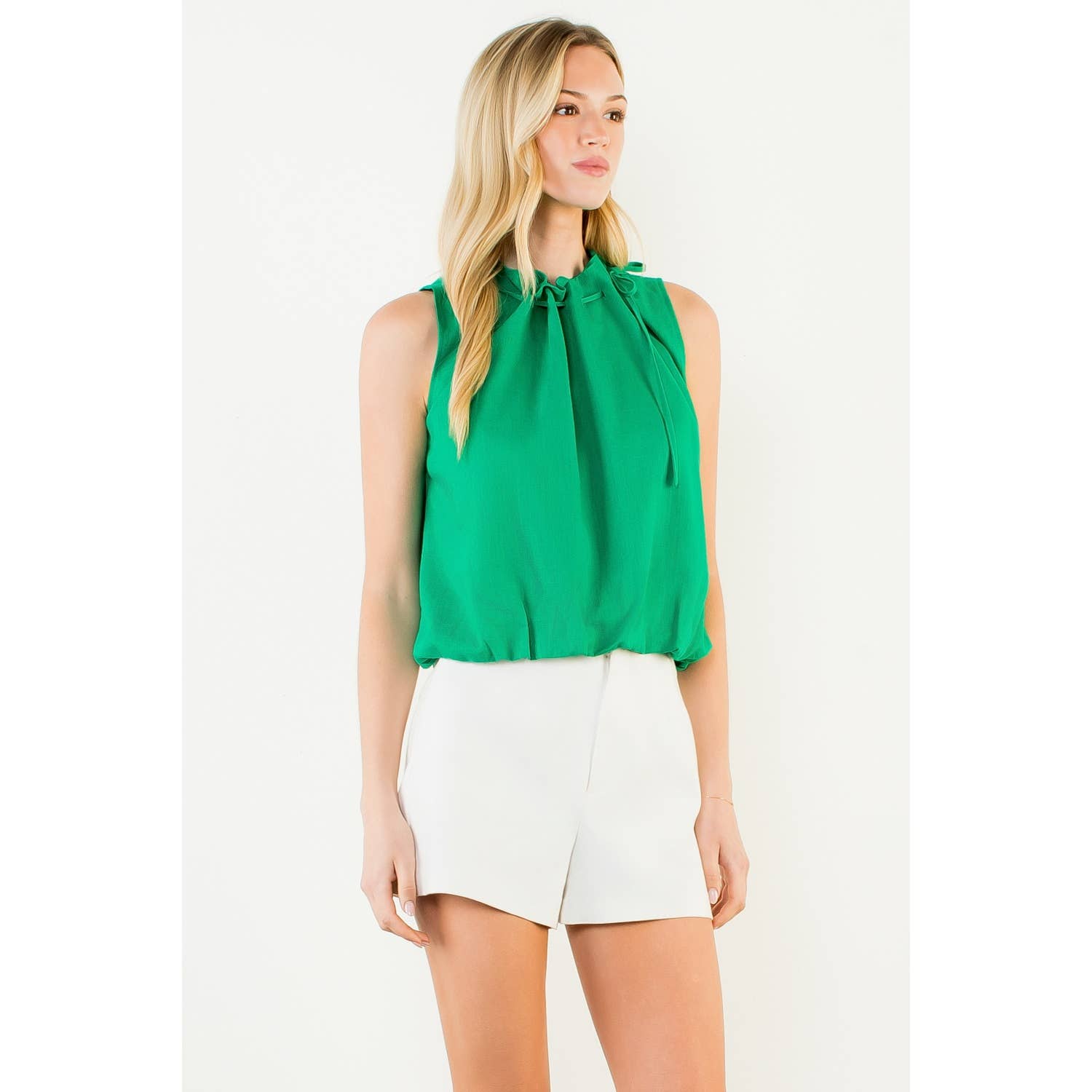 Sleeveless Tie Neck Ruffle Top: GREEN