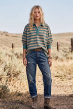 TAUPE/DUSTY TEAL Oversized Stripe Rugby Polo Top