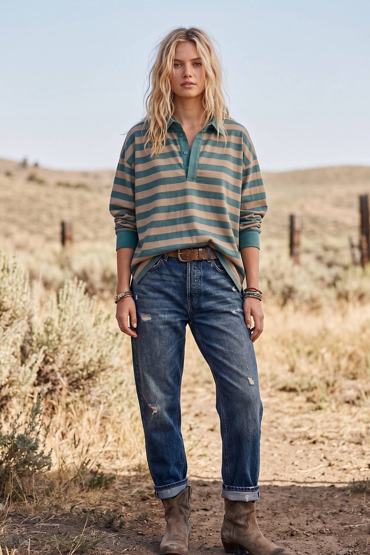 TAUPE/DUSTY TEAL Oversized Stripe Rugby Polo Top