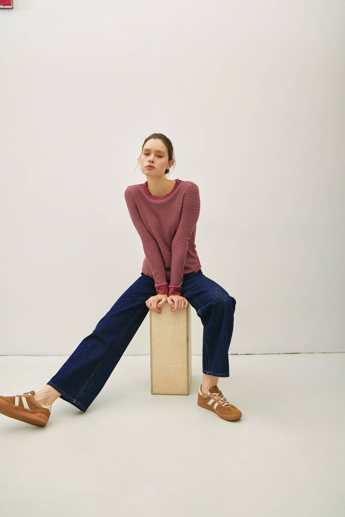 STITCHED THERMAL CREW NECK TOP: OATMEAL