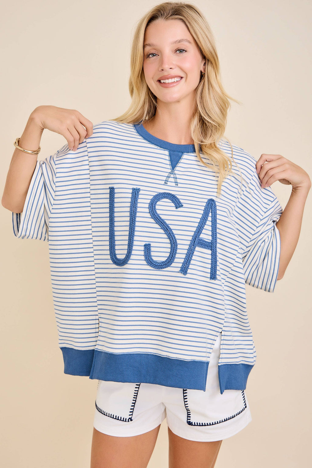 USA Rope Embroidery Striped Top: WHITE/BLUE