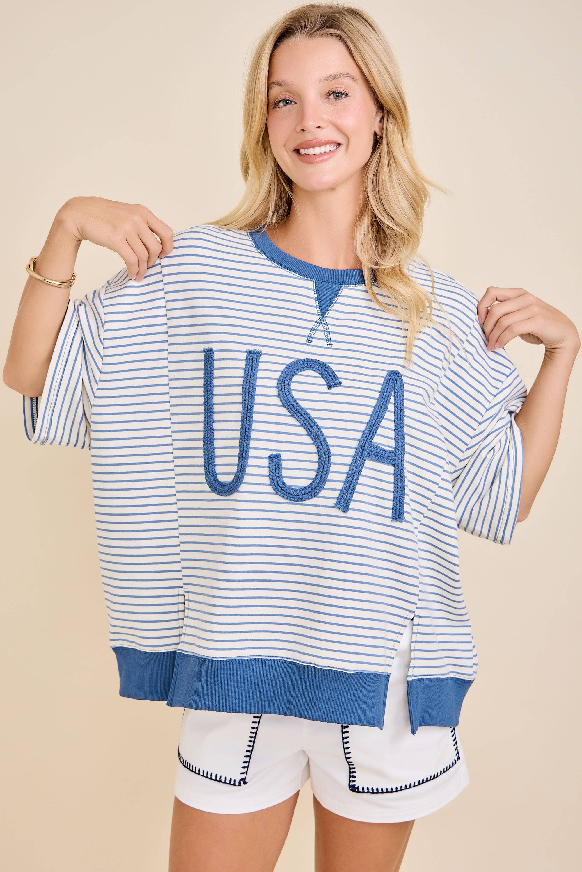 USA Rope Embroidery Striped Top: WHITE/BLUE