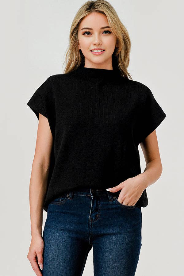 BLACK Mock Neck Short Sleeve Soft Sweater Vest Top – Pixi + Ivy