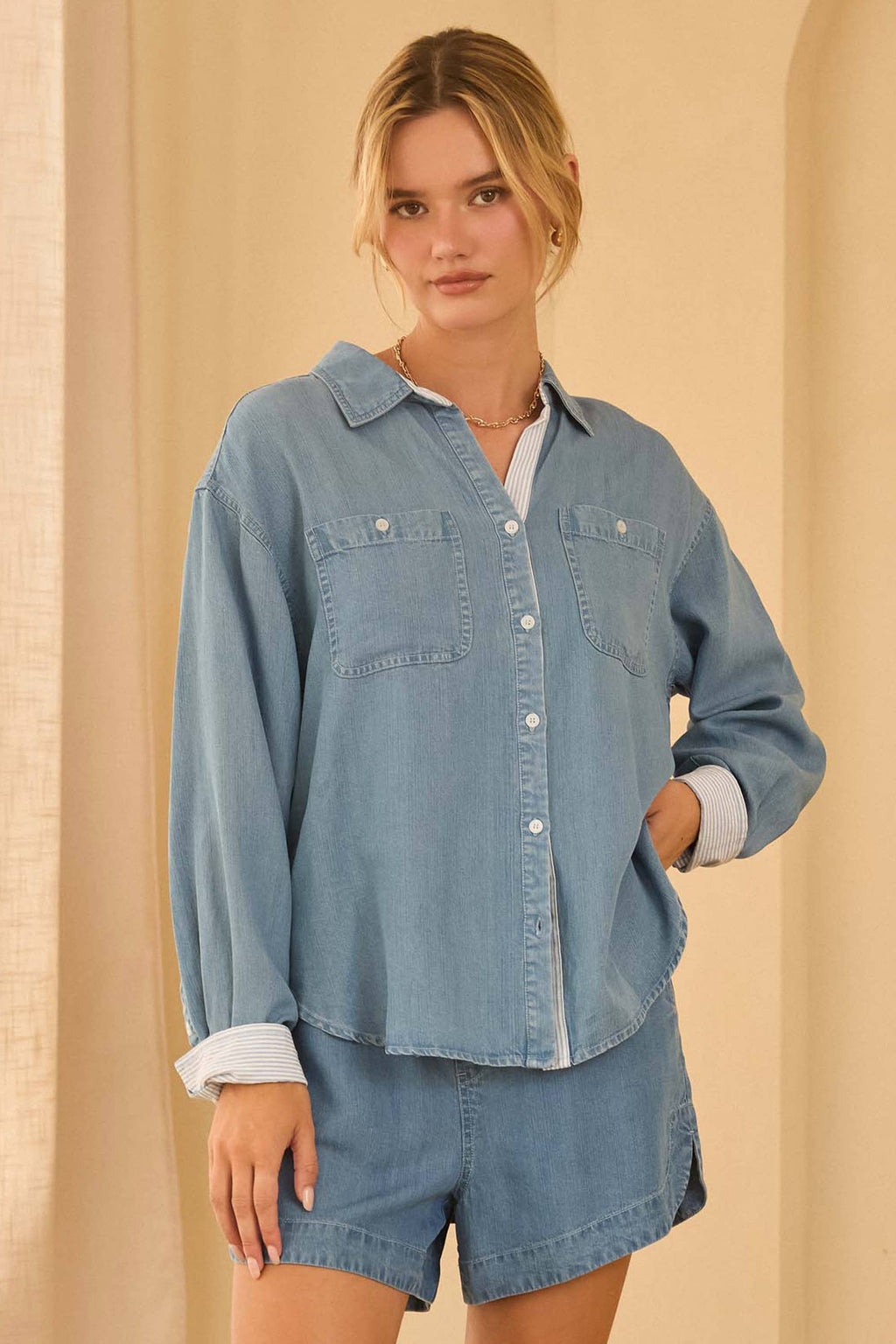 Washed Tencel Shirt with Pocket and Stripe Cuff: Chambray Blue