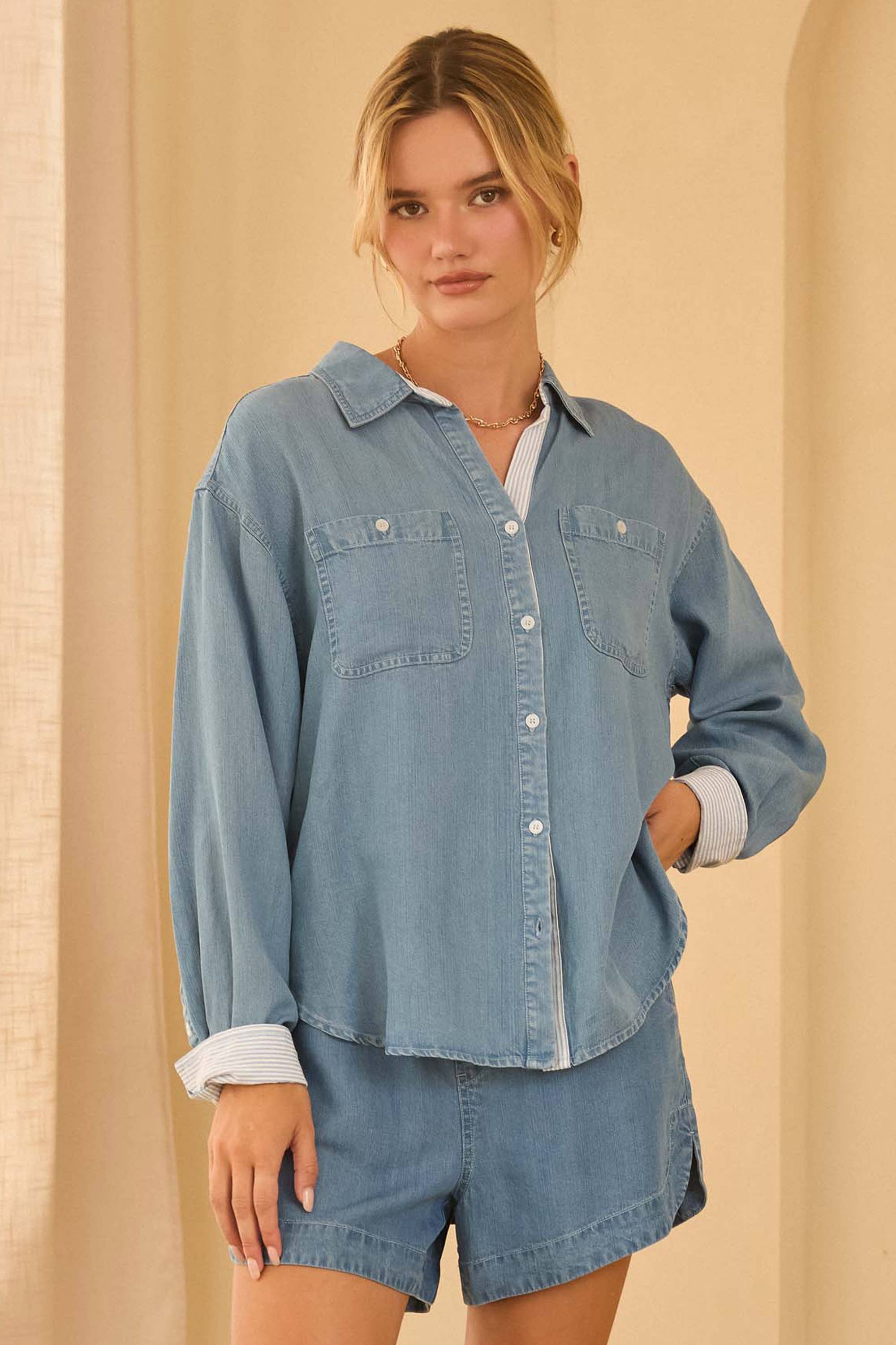 Washed Tencel Shirt with Pocket and Stripe Cuff: Chambray Blue