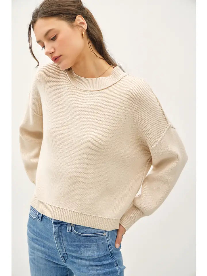 KNIT SWEATER W/DROP SHOULDER & RAW SEAM