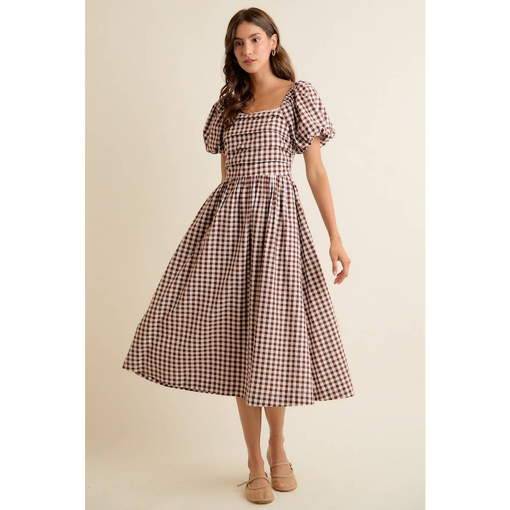 Brown GINGHAM LACE TRIM PUFF SLEEVES LINED MIDI DRESS