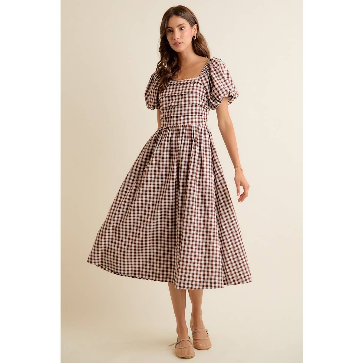 Brown GINGHAM LACE TRIM PUFF SLEEVES LINED MIDI DRESS