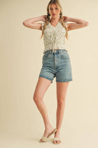 CANARY FLORAL SMOCKED RUFFLE TIE FRONT TOP